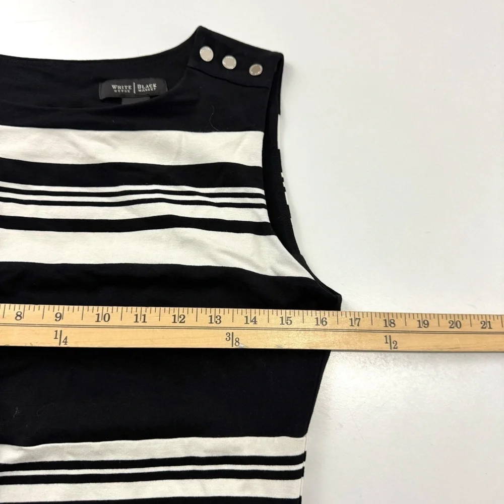 White House Black Market S Black White Stripe Ruched Sheath Dress Key Hole Back